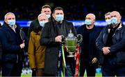 11 December 2021; The Leinster squad of 2000/01, led by captain Reggie Corrigan with the Celtic League trophy, are introduced to the crowd at half-time during the Heineken Champions Cup Pool A match between Leinster and Bath at Aviva Stadium in Dublin. Photo by Brendan Moran/Sportsfile
