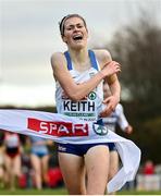 12 December 2021; Megan Keith of Great Britain celebrates as she crosses the line to win the U20 Women's 4000m during the SPAR European Cross Country Championships Fingal-Dublin 2021 at the Sport Ireland Campus in Dublin. Photo by Sam Barnes/Sportsfile