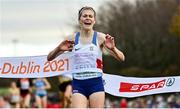 12 December 2021; Megan Keith of Great Britain celebrates as she crosses the line to win the U20 Women's 4000m during the SPAR European Cross Country Championships Fingal-Dublin 2021 at the Sport Ireland Campus in Dublin. Photo by Sam Barnes/Sportsfile