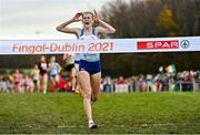 12 December 2021; Megan Keith of Great Britain celebrates as she crosses the line to win the U20 Women's 4000m during the SPAR European Cross Country Championships Fingal-Dublin 2021 at the Sport Ireland Campus in Dublin. Photo by Sam Barnes/Sportsfile