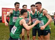 12 December 2021; Team Ireland, from left, Michael Power, Darragh McElhinney, Donal Devane, Jamie Battle and Keelan Kilrehill celebrate after competing in the U23 Men's 8000m during the SPAR European Cross Country Championships Fingal-Dublin 2021 at the Sport Ireland Campus in Dublin. Photo by Sam Barnes/Sportsfile