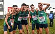 12 December 2021; Team Ireland, from left, Darragh McElhinney, Michael Power, Donal Devane, Jamie Battle and Keelan Kilrehill celebrate after winning gold in the U23 Men's 8000m during the SPAR European Cross Country Championships Fingal-Dublin 2021 at the Sport Ireland Campus in Dublin. Photo by Sam Barnes/Sportsfile