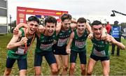 12 December 2021; Team Ireland, from left, Darragh McElhinney, Michael Power, Donal Devane, Jamie Battle and Keelan Kilrehill celebrate after winning gold in the U23 Men's 8000m during the SPAR European Cross Country Championships Fingal-Dublin 2021 at the Sport Ireland Campus in Dublin. Photo by Sam Barnes/Sportsfile