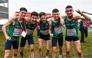 12 December 2021; Team Ireland, from left, Darragh McElhinney, Michael Power, Donal Devane, Jamie Battle and Keelan Kilrehill celebrate after winning gold in the U23 Men's 8000m during the SPAR European Cross Country Championships Fingal-Dublin 2021 at the Sport Ireland Campus in Dublin. Photo by Sam Barnes/Sportsfile