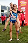 12 December 2021; Nadia Battocletti of Italy celebrates with team-mate Anna Arnaudo, top, after winning the U23 Women's 6000m during the SPAR European Cross Country Championships Fingal-Dublin 2021 at the Sport Ireland Campus in Dublin. Photo by Sam Barnes/Sportsfile