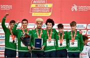12 December 2021; Team Ireland U20 Men's 6000m team silver medallists, from left, Scott Fagan, Sean Kay, Abdel Laadjel, Dean Casey, Cathal O'Reilly and Nicholas Griggs during the SPAR European Cross Country Championships Fingal-Dublin 2021 at the Sport Ireland Campus in Dublin. Photo by Sam Barnes/Sportsfile