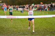 12 December 2021; Charles Hicks of Great Britain crosses the line to win the U23 Men's 8000m during the SPAR European Cross Country Championships Fingal-Dublin 2021 at the Sport Ireland Campus in Dublin. Photo by Ramsey Cardy/Sportsfile