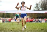 12 December 2021; Charles Hicks of Great Britain celebrates winning the U23 Men's 8000m during the SPAR European Cross Country Championships Fingal-Dublin 2021 at the Sport Ireland Campus in Dublin. Photo by Sam Barnes/Sportsfile