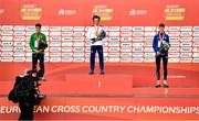 12 December 2021; U23 Men Final medalists, from left, Darragh Mcelhinney of Ireland, silver, Charles Hicks of Great Britain, gold, and Ruben Querinjean of Luxembourg, bronze, during the medal ceremony  at the SPAR European Cross Country Championships Fingal-Dublin 2021 at the Sport Ireland Campus in Dublin. Photo by Sam Barnes/Sportsfile