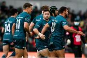 12 December 2021; Caolin Blade of Connacht, centre, celebrates after scoring his side's first try with team-mates during the Heineken Champions Cup Pool B match between Connacht and Stade Francais Paris at the Sportsground in Galway. Photo by Harry Murphy/Sportsfile