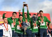 12 December 2021; Team Ireland, from left, Thomas Devaney, Darragh McElhinney, Keelan Kilrehill, Donal Devane, Jamie Battle, and Michael Power celebrate with their gold medals during the medal ceremony for the U23 Men's team event at the SPAR European Cross Country Championships Fingal-Dublin 2021 at the Sport Ireland Campus in Dublin. Photo by Ramsey Cardy/Sportsfile