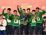 12 December 2021; Team Ireland, from left, Thomas Devaney, Darragh McElhinney, Keelan Kilrehill, Donal Devane, Jamie Battle, and Michael Power celebrate with their gold medals during the medal ceremony for the U23 Men's team event at the SPAR European Cross Country Championships Fingal-Dublin 2021 at the Sport Ireland Campus in Dublin. Photo by Sam Barnes/Sportsfile