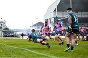 12 December 2021; John Porch of Connacht dives over to score his side's second try during the Heineken Champions Cup Pool B match between Connacht and Stade Francais Paris at the Sportsground in Galway. Photo by Harry Murphy/Sportsfile