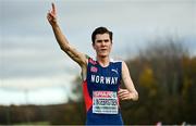 12 December 2021; Jakob Ingebrigtsen of Norway celebrates after winning the Senior Men's 10000m final during the SPAR European Cross Country Championships Fingal-Dublin 2021 at the Sport Ireland Campus in Dublin. Photo by Sam Barnes/Sportsfile