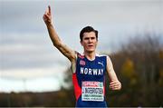 12 December 2021; Jakob Ingebrigtsen of Norway celebrates after winning the Senior Men's 10000m final during the SPAR European Cross Country Championships Fingal-Dublin 2021 at the Sport Ireland Campus in Dublin. Photo by Sam Barnes/Sportsfile