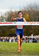 12 December 2021; Jakob Ingebrigtsen of Norway celebrates as he crosses the finish line to win the Senior Men's 10000m final during the SPAR European Cross Country Championships Fingal-Dublin 2021 at the Sport Ireland Campus in Dublin. Photo by Seb Daly/Sportsfile