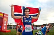 12 December 2021; Jakob Ingebrigtsen of Norway celebrates after winning the Senior Men's 10000m final during the SPAR European Cross Country Championships Fingal-Dublin 2021 at the Sport Ireland Campus in Dublin. Photo by Seb Daly/Sportsfile