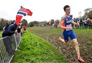 12 December 2021; Jakob Ingebrigtsen of Norway on his way to winning the Senior Men's 10000m final during the SPAR European Cross Country Championships Fingal-Dublin 2021 at the Sport Ireland Campus in Dublin. Photo by Ramsey Cardy/Sportsfile