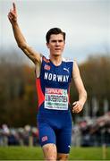 12 December 2021; Jakob Ingebrigtsen of Norway celebrates after winning the Senior Men's 10000m final during the SPAR European Cross Country Championships Fingal-Dublin 2021 at the Sport Ireland Campus in Dublin. Photo by Seb Daly/Sportsfile