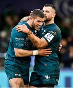 12 December 2021; Diarmuid Kilgallen of Connacht, left, celebrates with team-mate Conor Oliver after scoring their side's fifth try during the Heineken Champions Cup Pool B match between Connacht and Stade Francais Paris at Sportsground in Galway. Photo by Brendan Moran/Sportsfile