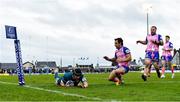 12 December 2021; Eoghan Masterson of Connacht scores his side's fourth try despite the efforts of Nicolas Sanchez of Stade Francais during the Heineken Champions Cup Pool B match between Connacht and Stade Francais Paris at Sportsground in Galway. Photo by Brendan Moran/Sportsfile