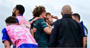12 December 2021; Cian Prendergast of Connacht, left, celebrates with team-mate Jordan Duggan after scoring their side's sixth try during the Heineken Champions Cup Pool B match between Connacht and Stade Francais Paris at Sportsground in Galway. Photo by Brendan Moran/Sportsfile