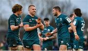 12 December 2021; Connacht players, from left, Cian Prendergast, Jordan Duggan and Diarmuid Kilgallen celebrate after the Heineken Champions Cup Pool B match between Connacht and Stade Francais Paris at Sportsground in Galway. Photo by Brendan Moran/Sportsfile