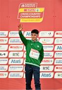 12 December 2021; Silver medalist Darragh Mcelhinney of Ireland celebrates during the U23 Men's 8000m medal ceremony at the SPAR European Cross Country Championships Fingal-Dublin 2021 at the Sport Ireland Campus in Dublin. Photo by Sam Barnes/Sportsfile