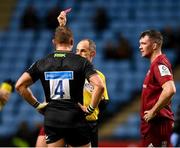 12 December 2021; Referee Romain Poite shows a red card to Brad Shields of Wasps during the Heineken Champions Cup Pool B match between Wasps and Munster at Coventry Building Society Arena in Coventry, England. Photo by Stephen McCarthy/Sportsfile