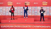12 December 2021; Senior Men's 10000m medalists, from left, Aras Kaya of Turkey, silver, Jakob Ingebrigtsen of Norway, gold, and Jimmy Gressier of France, bronze, during the medal ceremony at the SPAR European Cross Country Championships Fingal-Dublin 2021 at the Sport Ireland Campus in Dublin. Photo by Sam Barnes/Sportsfile