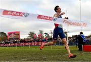 12 December 2021; Jakob Ingebrigtsen of Norway crosses the finish line to win the Senior Men's 10,000m during the SPAR European Cross Country Championships Fingal-Dublin 2021 at the Sport Ireland Campus in Dublin. Photo by Seb Daly/Sportsfile