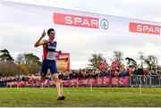 12 December 2021; Jakob Ingebrigtsen of Norway celebrates as he crosses the finish line to win the Senior Men's 10,000m during the SPAR European Cross Country Championships Fingal-Dublin 2021 at the Sport Ireland Campus in Dublin. Photo by Seb Daly/Sportsfile