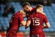 12 December 2021; Peter O’Mahony, centre, congratulates his Munster team-mate Andrew Conway, left, on scoring their third try, with Patrick Campbell, 15, during the Heineken Champions Cup Pool B match between Wasps and Munster at Coventry Building Society Arena in Coventry, England. Photo by Stephen McCarthy/Sportsfile
