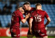 12 December 2021; Peter O’Mahony, centre, congratulates his Munster team-mate Andrew Conway, left, on scoring their third try, with Patrick Campbell, 15, during the Heineken Champions Cup Pool B match between Wasps and Munster at Coventry Building Society Arena in Coventry, England. Photo by Stephen McCarthy/Sportsfile