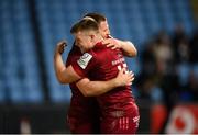 12 December 2021; Andrew Conway of Munster celebrates with Patrick Campbell, 15, after scoring their third try during the Heineken Champions Cup Pool B match between Wasps and Munster at Coventry Building Society Arena in Coventry, England. Photo by Stephen McCarthy/Sportsfile