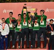 12 December 2021; Team Ireland, from left, Thomas Devaney, Darragh McElhinney, Keelan Kilrehill, Donal Devane, Jamie Battle, and Michael Power celebrate with their gold medals during the medal ceremony for the U23 Men's 8000m team event at the SPAR European Cross Country Championships Fingal-Dublin 2021 at the Sport Ireland Campus in Dublin. Photo by Sam Barnes/Sportsfile