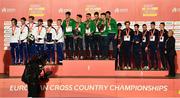 12 December 2021; U23 Men's 8000m team medalists, from left, Great Britain & Northern Ireland, silver, Ireland, gold, and France, bronze on the podium during the medal ceremony at the SPAR European Cross Country Championships Fingal-Dublin 2021 at the Sport Ireland Campus in Dublin. Photo by Sam Barnes/Sportsfile