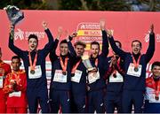 12 December 2021; Senior Men's 10000m gold medalists, Team France celebrate with their medals during the medal ceremony at the SPAR European Cross Country Championships Fingal-Dublin 2021 at the Sport Ireland Campus in Dublin. Photo by Sam Barnes/Sportsfile