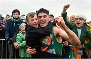 12 December 2021; Darragh McElhinney of Ireland celebrates with his brother Iarla and his mother Breda, right, after winning silver and team gold in the U23 Men's 8000m during the SPAR European Cross Country Championships Fingal-Dublin 2021 at the Sport Ireland Campus in Dublin. Photo by Sam Barnes/Sportsfile