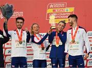 12 December 2021; Gold medalists, Team GB celebrate with their medals and trophy during the medal ceremony for the Mixed Relay final at the SPAR European Cross Country Championships Fingal-Dublin 2021 at the Sport Ireland Campus in Dublin. Photo by Sam Barnes/Sportsfile