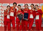 12 December 2021; U20 Women's 4000m team silver medalists, Team Spain celebrate with their medals during the medal ceremony at the SPAR European Cross Country Championships Fingal-Dublin 2021 at the Sport Ireland Campus in Dublin. Photo by Sam Barnes/Sportsfile