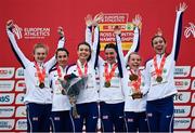 12 December 2021; Senior Women's 8000m team gold medalists, Team GB celebrate with their medals and trophy during the medal ceremony at the SPAR European Cross Country Championships Fingal-Dublin 2021 at the Sport Ireland Campus in Dublin. Photo by Sam Barnes/Sportsfile