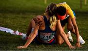 12 December 2021; Karoline Bjerkeli Grøvdal of Norway, left, and Meraf Bahta of Sweden congratulate each other after finshing first and second respectively in the Senior Women's 8000m at the SPAR European Cross Country Championships Fingal-Dublin 2021 at the Sport Ireland Campus in Dublin. Photo by Seb Daly/Sportsfile