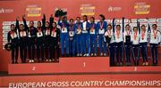 12 December 2021; U23 Women's 6000m team medalists, from left, Team France, silver, Team Italy, gold, and Team GB, bronze, celebrate with their medals during the medal ceremony at the SPAR European Cross Country Championships Fingal-Dublin 2021 at the Sport Ireland Campus in Dublin. Photo by Sam Barnes/Sportsfile