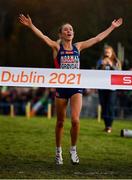 12 December 2021; Karoline Bjerkeli Grøvdal of Norway celebrates as she crosses the line to win the Senior Women's 8000m final at the SPAR European Cross Country Championships Fingal-Dublin 2021 at the Sport Ireland Campus in Dublin. Photo by Seb Daly/Sportsfile