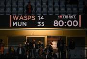 12 December 2021; A general view of the score following the Heineken Champions Cup Pool B match between Wasps and Munster at Coventry Building Society Arena in Coventry, England. Photo by Stephen McCarthy/Sportsfile