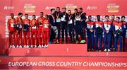 12 December 2021; Senior Men's 10000m team medalists, from left, Team Spain, silver, Team France, gold, and Team Norway, bronze, celebrate with their medals during the medal ceremony at the SPAR European Cross Country Championships Fingal-Dublin 2021 at the Sport Ireland Campus in Dublin. Photo by Sam Barnes/Sportsfile