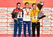 12 December 2021; U20 Women's 4000m medalists, from left, Ingeborg Østgård of Norway, silver, Megan Keith of Great Britain, gold, and Emma Heckel of Germany, bronze, celebrate with their medals during the medal ceremony at the SPAR European Cross Country Championships Fingal-Dublin 2021 at the Sport Ireland Campus in Dublin. Photo by Sam Barnes/Sportsfile