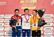 12 December 2021; U20 Women's 4000m medalists, from left, Ingeborg Østgård of Norway, silver, Megan Keith of Great Britain, gold, and Emma Heckel of Germany, bronze, celebrate with their medals during the medal ceremony at the SPAR European Cross Country Championships Fingal-Dublin 2021 at the Sport Ireland Campus in Dublin. Photo by Sam Barnes/Sportsfile