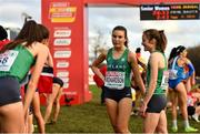 12 December 2021; Aoibhe Richardson, centre, and Fionnuala McCormack of Ireland after competing in the Senior Women's 8000m during the SPAR European Cross Country Championships Fingal-Dublin 2021 at the Sport Ireland Campus in Dublin. Photo by Sam Barnes/Sportsfile